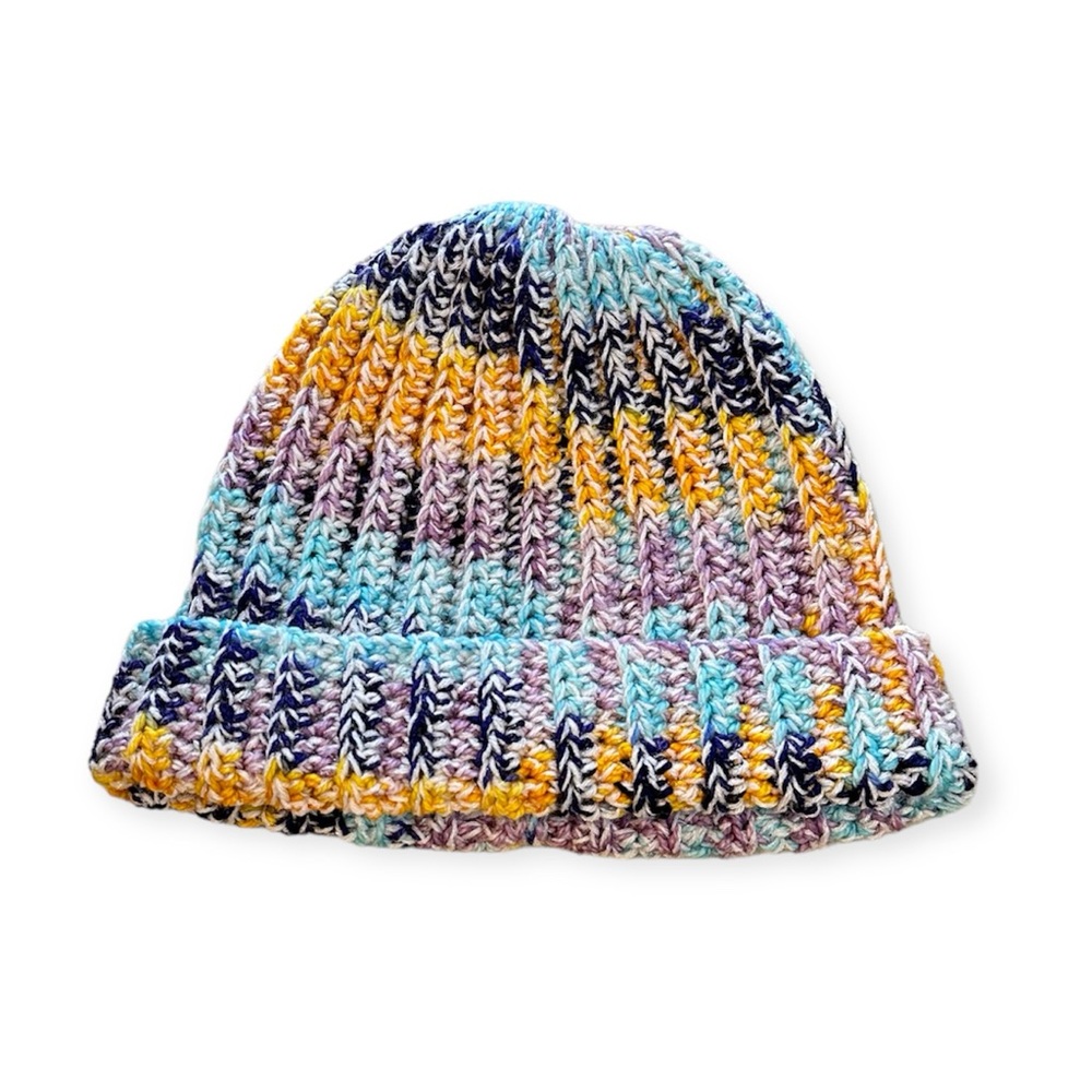 New Handmade Crochet Beanie Fold over Hat Winter Orange Purple Blue Speckled - Picture 2 of 9